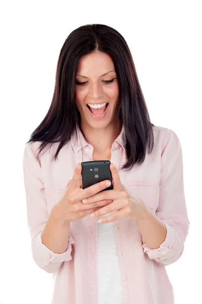 Smiling brunette woman looking mobile Stock Picture