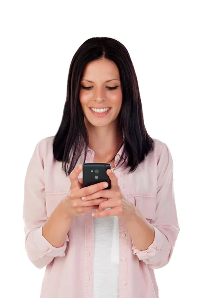 Smiling brunette woman looking mobile Stock Image