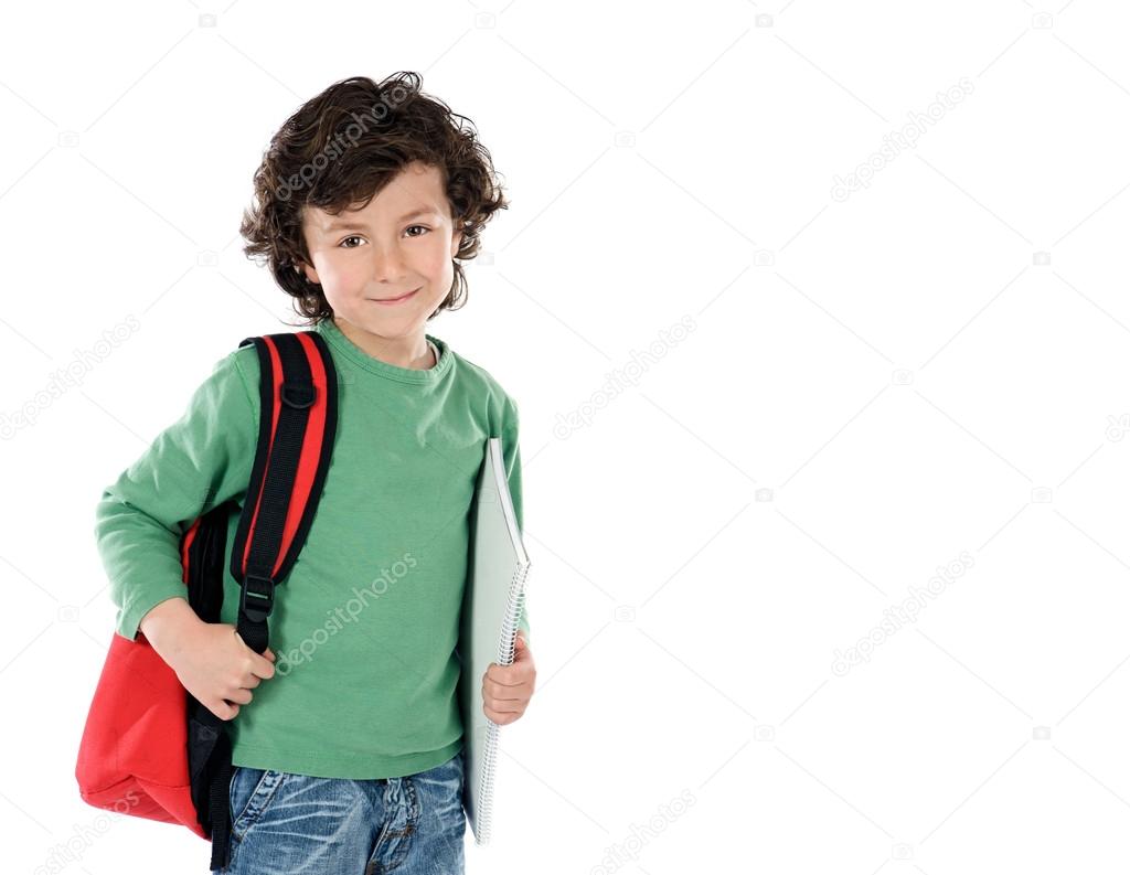 Smiling little boy with backpack Stock Photo by ©Gelpi 122390736
