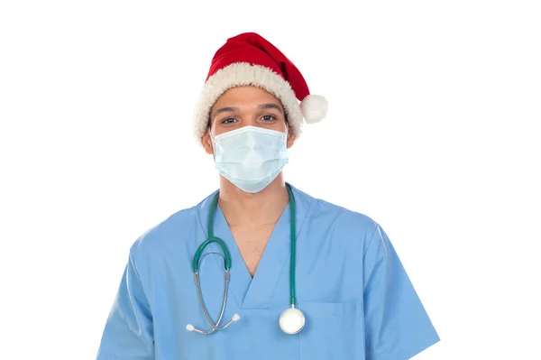 Médecin Africain Portant Chapeau Noël Moment Coronavirus Isolé Sur Fond — Photo