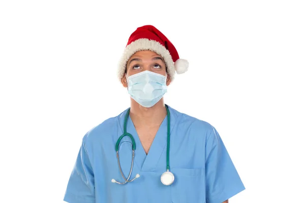 Médecin Africain Portant Chapeau Noël Moment Coronavirus Isolé Sur Fond — Photo