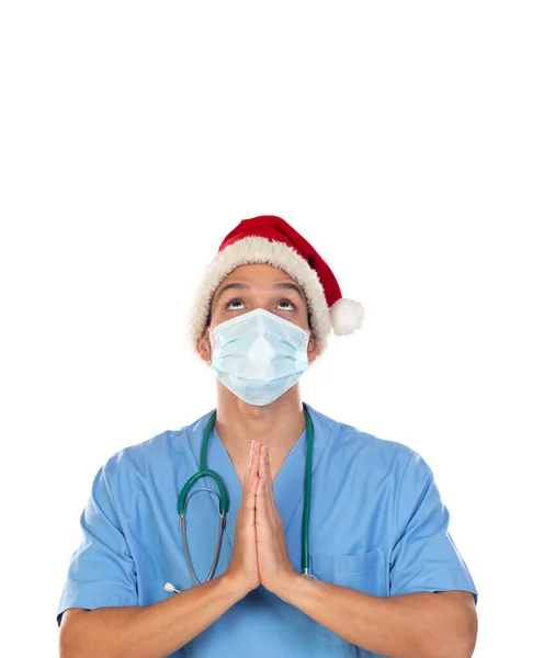 African Doctor Wearing Christmas Hat Coronavirus Time Isolated White Background — Stock Photo, Image