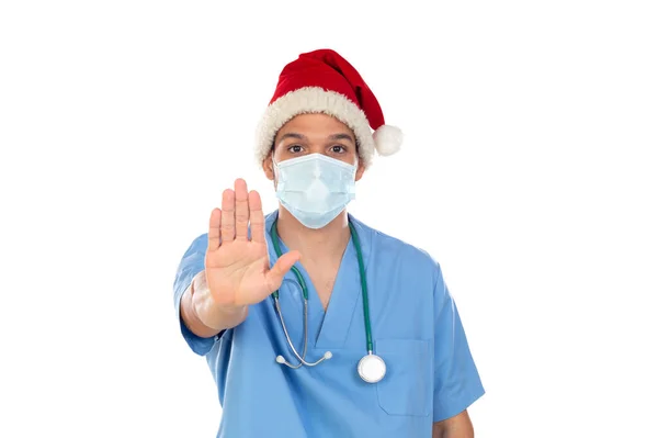 Médecin Africain Portant Chapeau Noël Moment Coronavirus Isolé Sur Fond — Photo