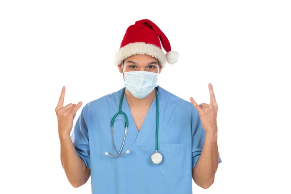 African Doctor Wearing Christmas Hat Coronavirus Time Isolated White Background — Stock Photo, Image