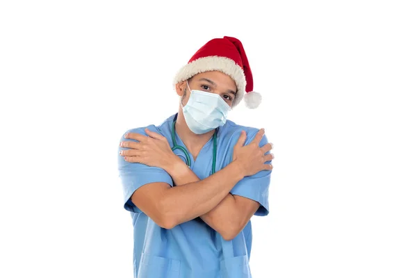 Médico Africano Usando Chapéu Natal Época Coronavírus Isolado Fundo Branco — Fotografia de Stock