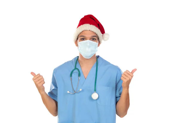 African Doctor Wearing Christmas Hat Coronavirus Time Isolated White Background — Stock Photo, Image