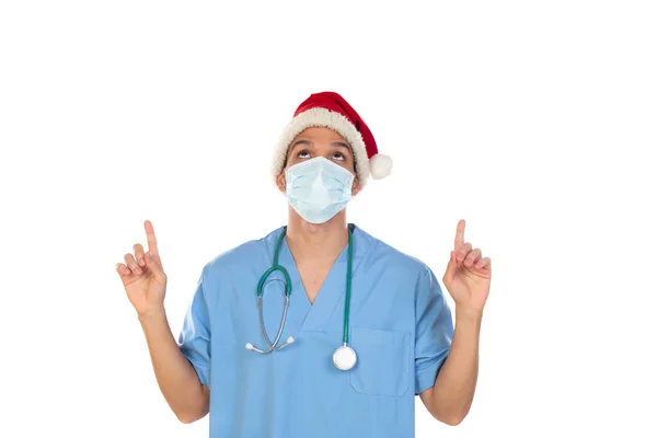 African Doctor Wearing Christmas Hat Coronavirus Time Isolated White Background — Stock Photo, Image