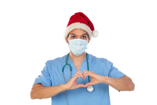 African Doctor Wearing Christmas Hat Coronavirus Time Isolated White Background — Stock Photo, Image