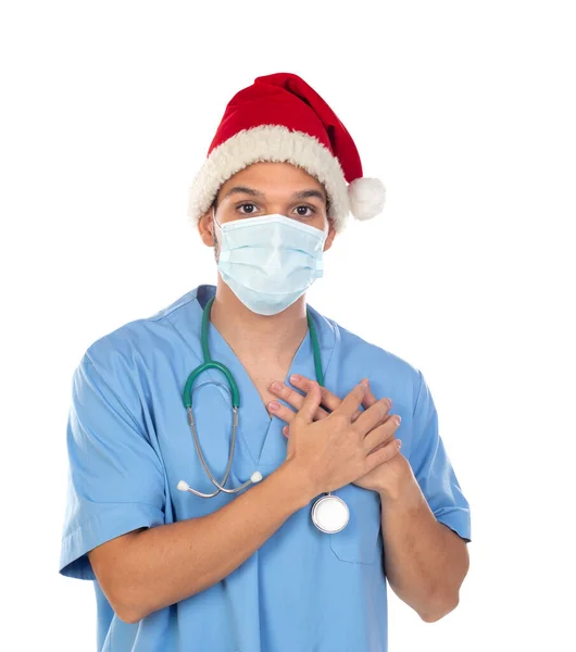 Afrikanischer Arzt Mit Weihnachtsmütze Zur Zeit Des Coronavirus Isoliert Auf — Stockfoto