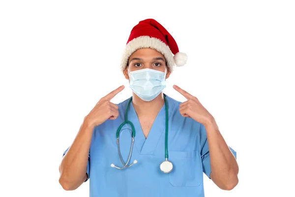 Médecin Africain Portant Chapeau Noël Moment Coronavirus Isolé Sur Fond — Photo