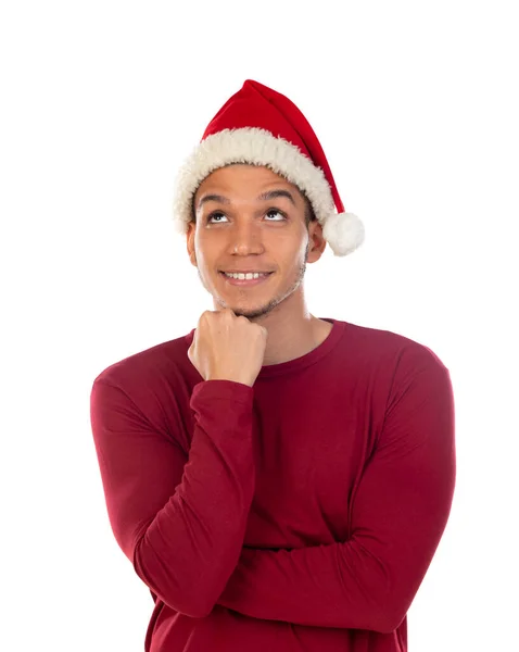 Africano Cara Usando Chapéu Natal Isolado Branco — Fotografia de Stock