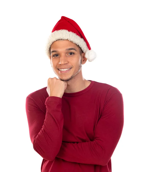 African Guy Wearing Christmas Hat Isolated White — Stock Photo, Image