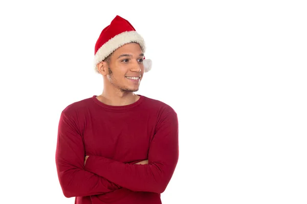 Africano Cara Usando Chapéu Natal Isolado Branco — Fotografia de Stock