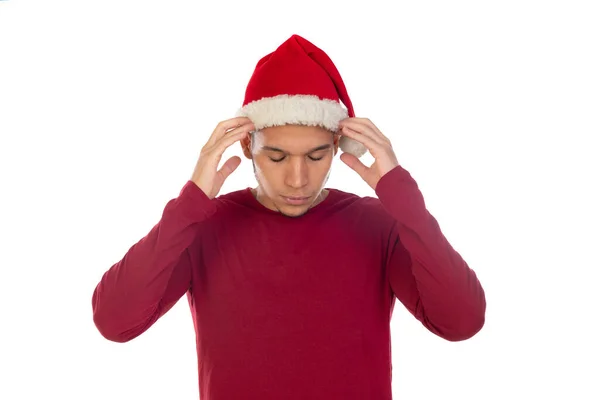 African Guy Wearing Christmas Hat Isolated White — Stock Photo, Image