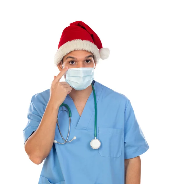 Coronavirus Zamanında Noel Şapkası Takan Afrikalı Bir Doktor Beyaz Bir — Stok fotoğraf