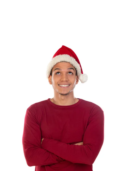 African Guy Wearing Christmas Hat Isolated White — Stock Photo, Image