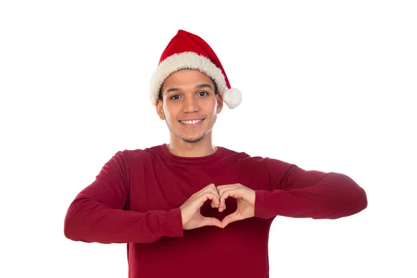 African Guy Wearing Christmas Hat Isolated White — Stock Photo, Image