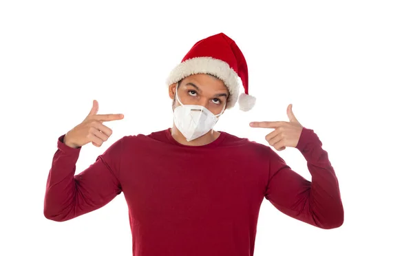 African Guy Wearing Christmas Hat Mask Isolated White Background — Stock Photo, Image