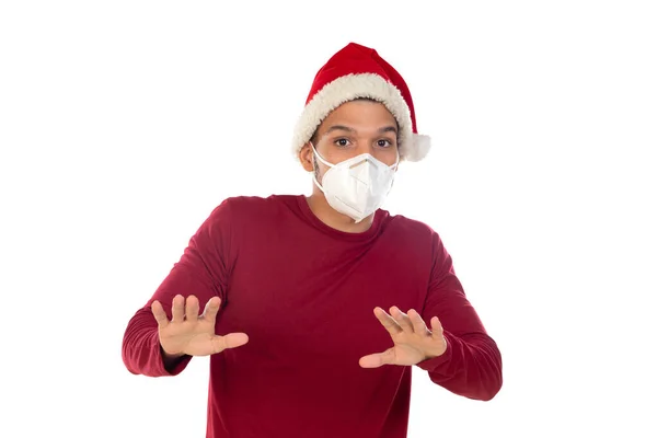 African Guy Wearing Christmas Hat Mask Isolated White Background — Stock Photo, Image