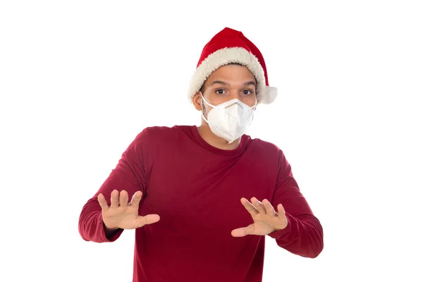 Afrikansk Kille Bär Jul Hatt Och Mask Isolerad Vit Bakgrund — Stockfoto