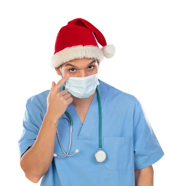 Médecin Africain Portant Chapeau Noël Moment Coronavirus Isolé Sur Fond — Photo