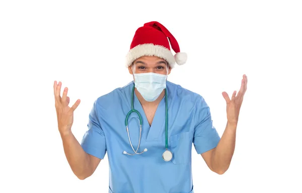 African Doctor Wearing Christmas Hat Coronavirus Time Isolated White Background — Stock Photo, Image