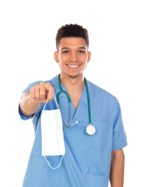 Médecin Latin Avec Masque Période Coronavirus Isolé Sur Fond Blanc — Photo