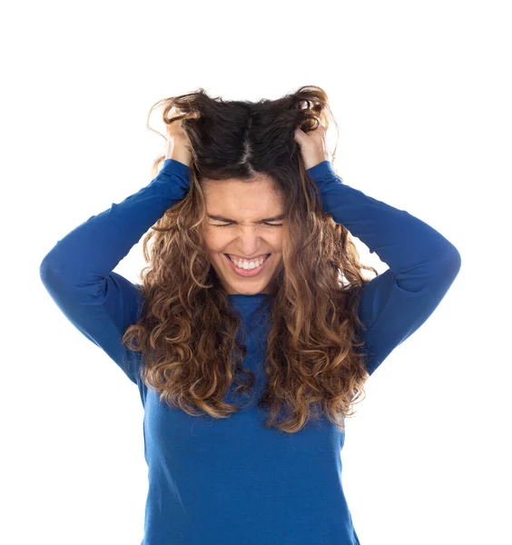 Bella Donna Con Capelli Ondulati Isolati Uno Sfondo Bianco — Foto Stock