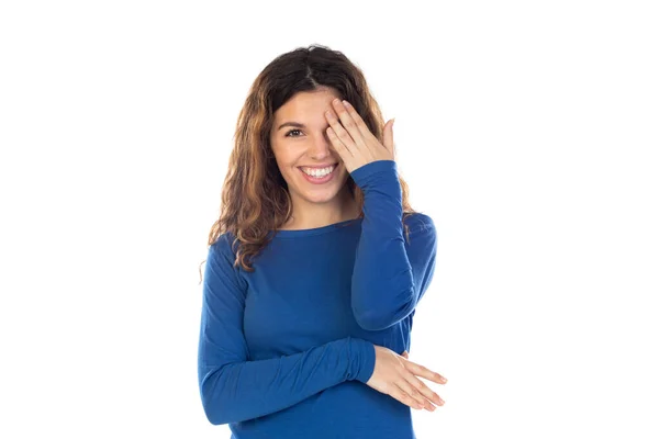 Mooie Vrouw Met Golvend Haar Geïsoleerd Een Witte Achtergrond — Stockfoto