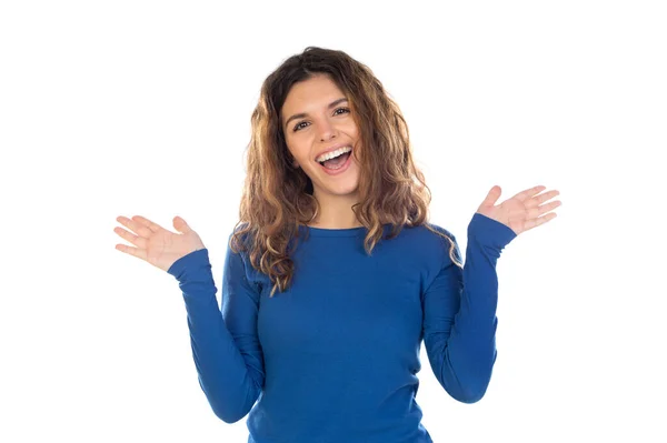 Mooie Vrouw Met Golvend Haar Geïsoleerd Een Witte Achtergrond — Stockfoto