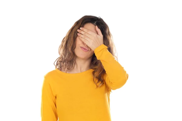 Mulher Bonita Com Cabelo Ondulado Isolado Fundo Branco — Fotografia de Stock