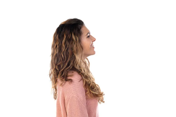 Mulher Meia Idade Bonita Com Suéter Rosa Isolado Fundo Branco — Fotografia de Stock