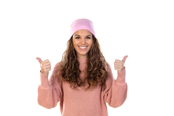 Mujer Esperanzada Con Cáncer Usando Una Bufanda Rosa Reflexiva Aislada —  Fotos de Stock