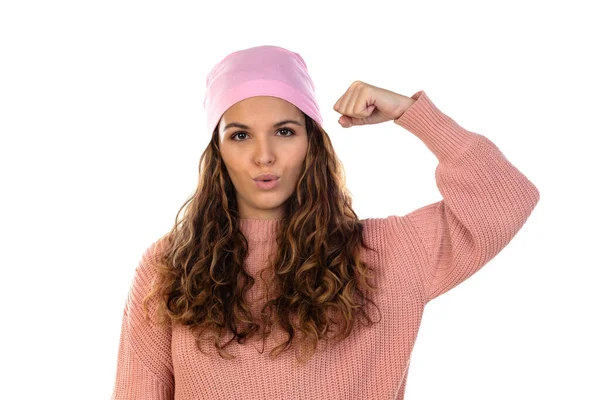 Hoopvolle Vrouw Met Kanker Draagt Een Bedachtzame Roze Sjaal Geïsoleerd — Stockfoto