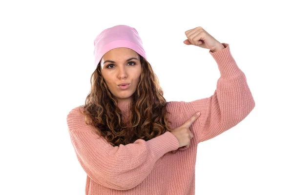 Mujer Esperanzada Con Cáncer Usando Una Bufanda Rosa Reflexiva Aislada —  Fotos de Stock