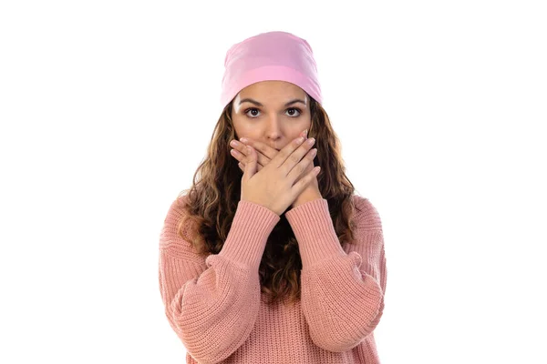 Hoopvolle Vrouw Met Kanker Draagt Een Bedachtzame Roze Sjaal Geïsoleerd — Stockfoto