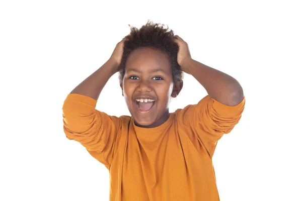 Garoto Engraçado Com Cabelo Afro Isolado Fundo Branco — Fotografia de Stock