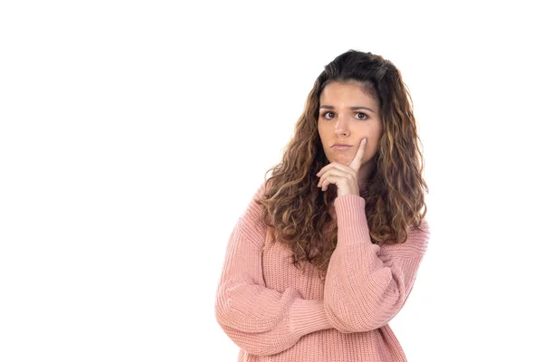 Mooie Vrouw Van Middelbare Leeftijd Met Roze Wollen Trui Geïsoleerd — Stockfoto