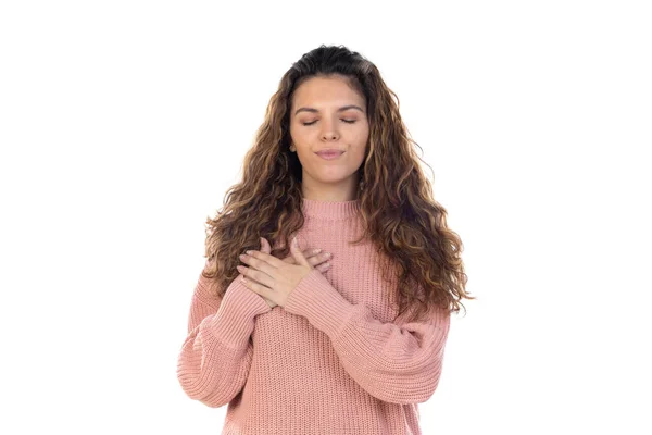 Vacker Medelålders Kvinna Med Rosa Ylletröja Isolerad Vit Bakgrund — Stockfoto