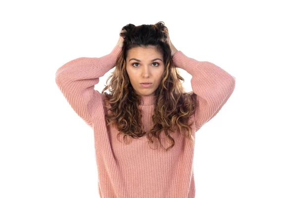 Mulher Meia Idade Bonita Com Suéter Rosa Isolado Fundo Branco — Fotografia de Stock