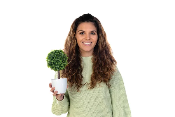 Bella Donna Mezza Età Con Maglione Lana Verde Isolato Uno — Foto Stock