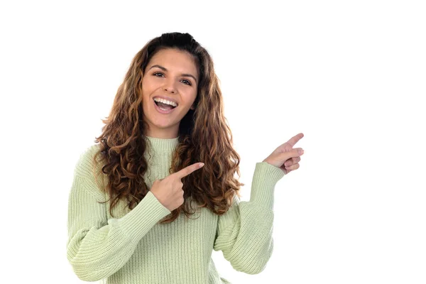 Mooie Vrouw Van Middelbare Leeftijd Met Groene Wollen Trui Geïsoleerd — Stockfoto