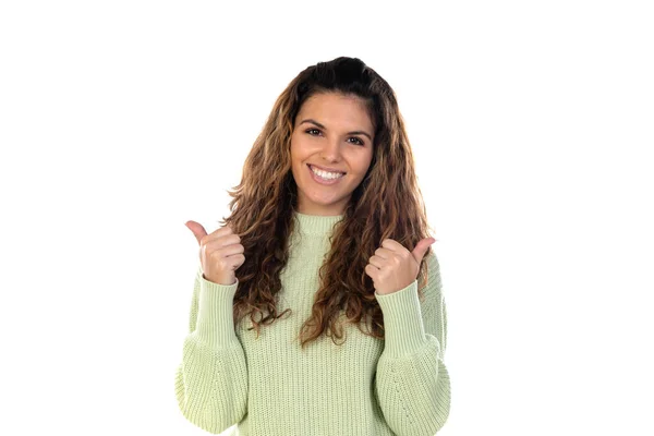 Mooie Vrouw Van Middelbare Leeftijd Met Groene Wollen Trui Geïsoleerd — Stockfoto