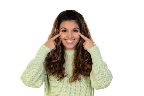 Mulher Bonita Com Cabelo Ondulado Vestindo Uma Camisa Verde Isolada — Fotografia de Stock