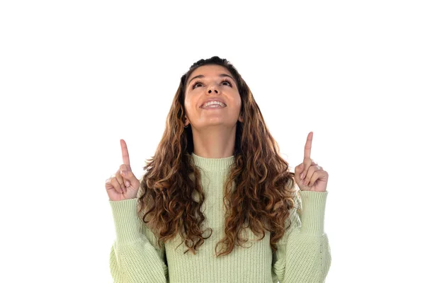 Mooie Vrouw Van Middelbare Leeftijd Met Groene Wollen Trui Geïsoleerd — Stockfoto