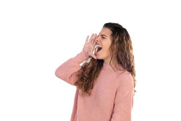 Mulher Meia Idade Bonita Com Suéter Rosa Isolado Fundo Branco — Fotografia de Stock