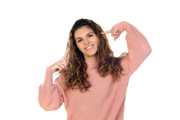 Mulher Meia Idade Bonita Com Suéter Rosa Isolado Fundo Branco — Fotografia de Stock