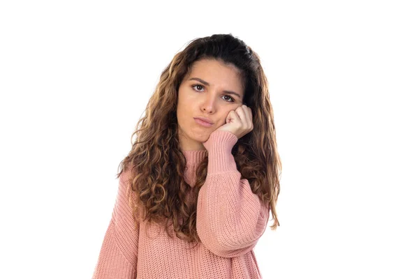 Mulher Meia Idade Bonita Com Suéter Rosa Isolado Fundo Branco — Fotografia de Stock