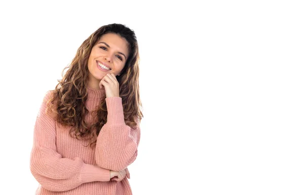 Mooie Vrouw Van Middelbare Leeftijd Met Roze Wollen Trui Geïsoleerd — Stockfoto