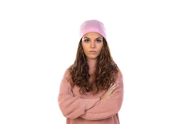 Hoopvolle Vrouw Met Kanker Draagt Een Bedachtzame Roze Sjaal Geïsoleerd — Stockfoto